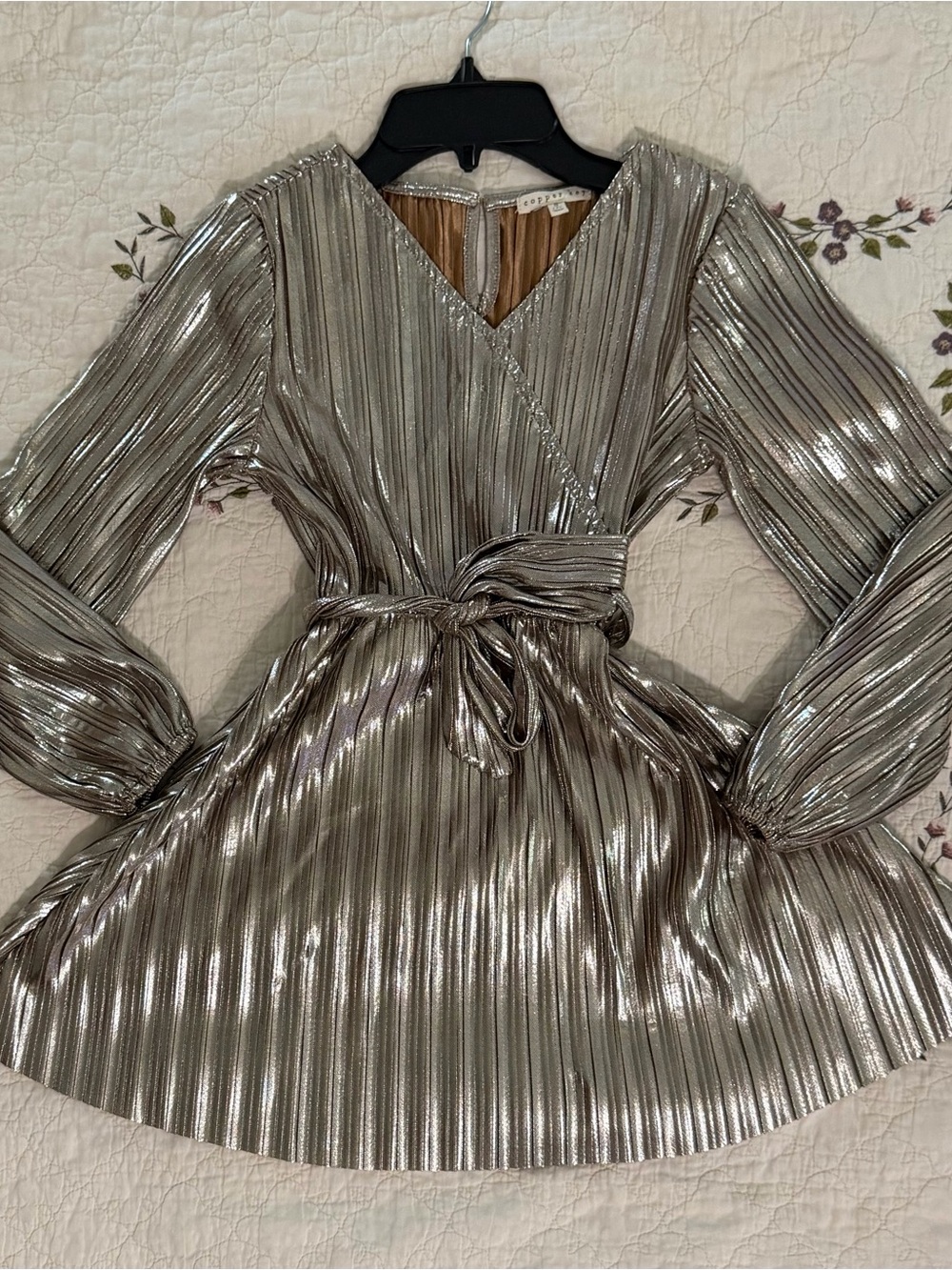 Copper Key Metallic Silver Pleated Wrap Dress with Tie